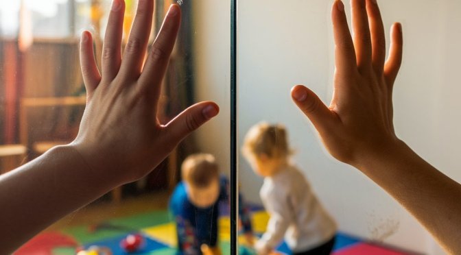 hands on a glass wall with two children playing on the other side