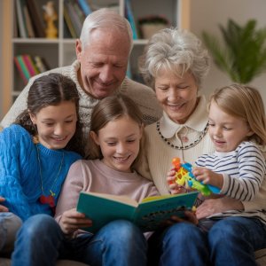 Grandparents reading with their grandchildren