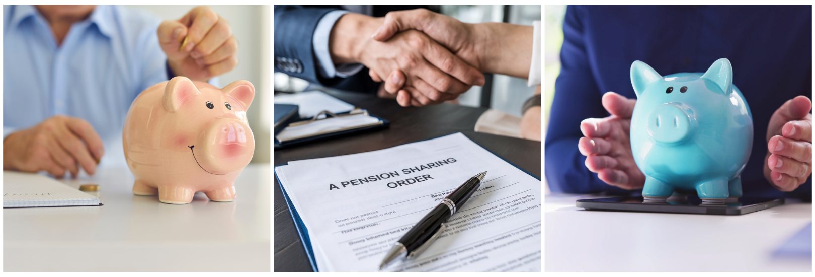two piggy banks showing savings showing a pension sharing order in the middle