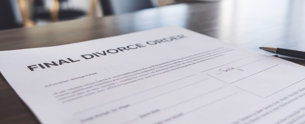 Final Divorce papers lying on a table to be signed.