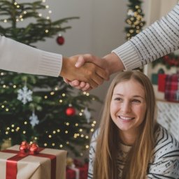 Smiling teenager and separated parents shaking hands in agreement