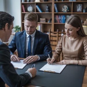 man and woman sitting in front of a solicitor signing divorce papers