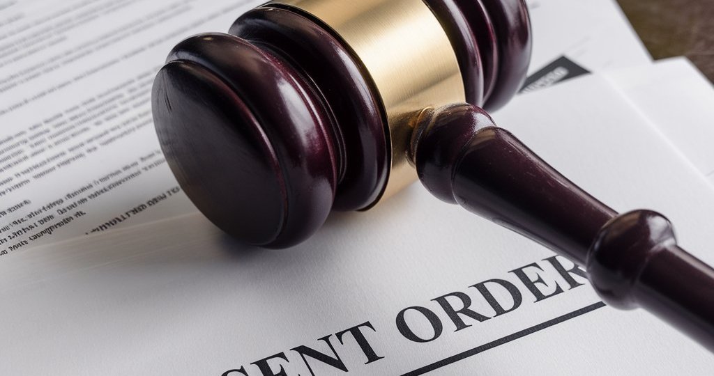 Gavel on top of a consent order document