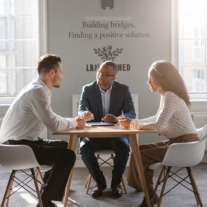 a man and a woman and a mediator in a family mediation session