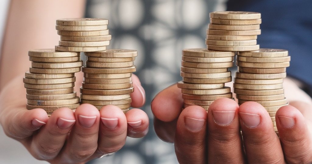 male hand a a female hand piled with coins