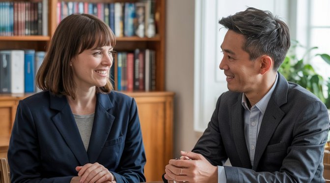 Man and a woman in a meeting.