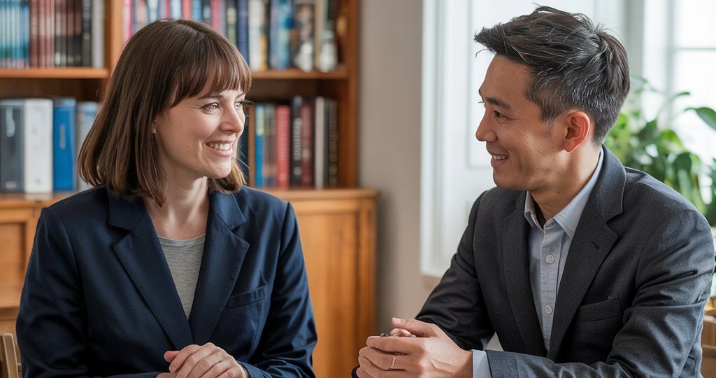 Man and a woman in a meeting.